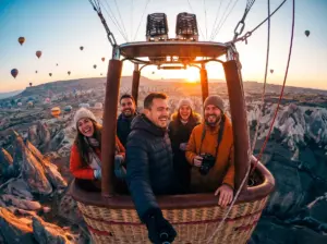 Kapadokya balon sepetinde gezginler