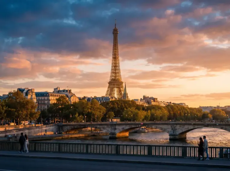 Gün batımında Eyfel Kulesi ve Paris manzarası
