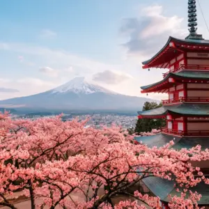 Japonya'da pagoda ve Fuji Dağı